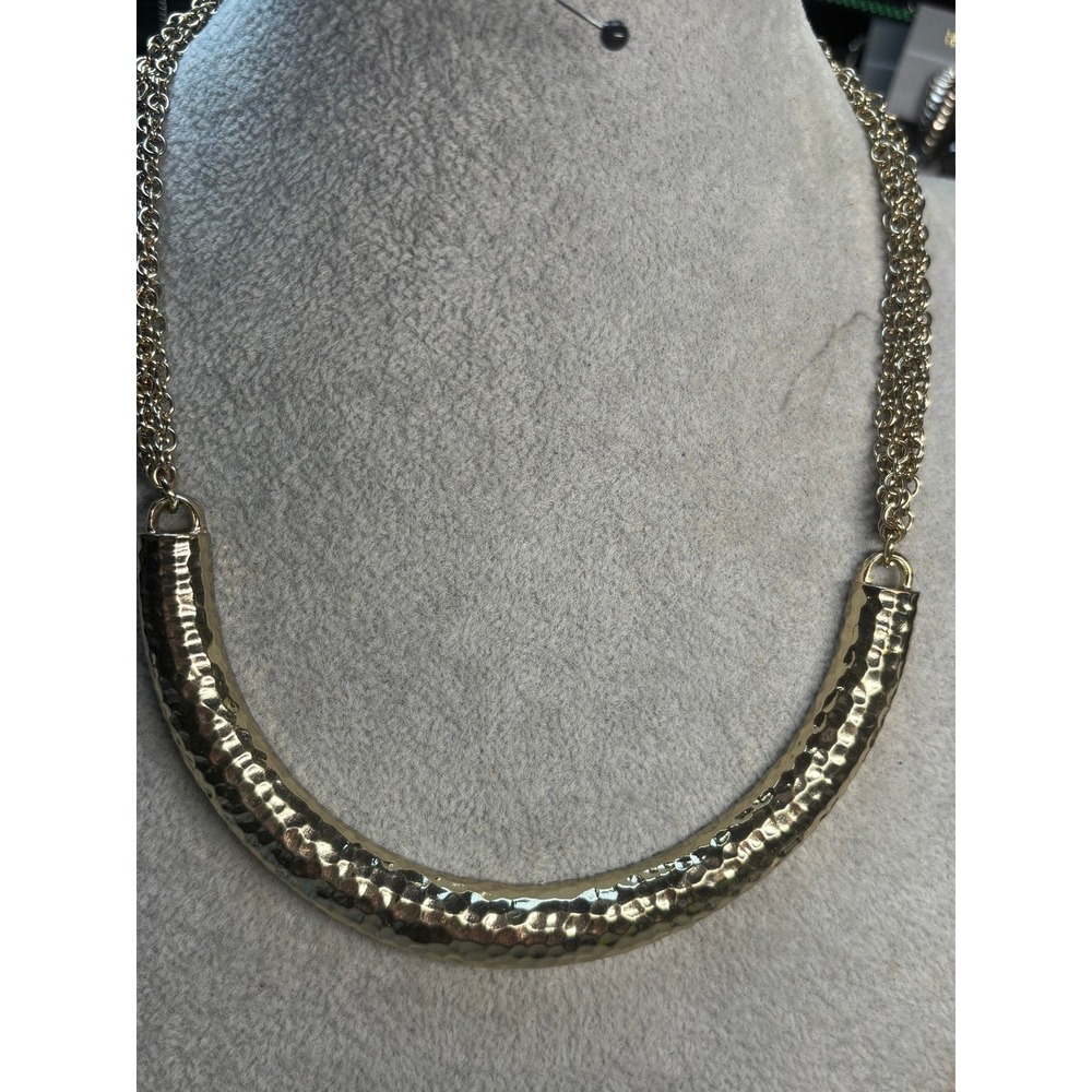 #52.  Ann Taylor Gold Tone Hammered Curved Bar Multi-Strand Statement Necklace